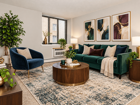 A living room with a blue chair, a green couch, and a coffee table.