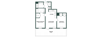A floor plan of a house with a kitchen, living room, and two bedrooms.