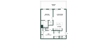 A floor plan of a house with a bedroom, living/dining area, kitchen, and den.