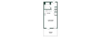 A floor plan of a house with a kitchen, living room, and terrace.