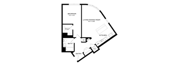 A floor plan of a small apartment with a bedroom, living/dining room, kitchen, bath, and entry.