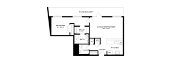 A floor plan of a home with a bedroom, bathroom, living/dining room, and kitchen.