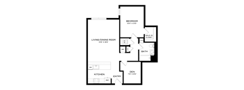 A floor plan of a home with a living/dining room, kitchen, den, bedroom, bath, and walk-in closet.