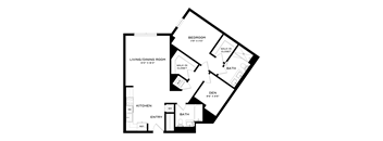 A black and white floor plan of a house with a living room, dining room, kitchen, bedroom, bathroom, and den.