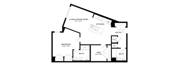 A floor plan of a house with a living/dining room, kitchen, entry, two bathrooms, a den, and a bedroom.