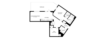 A floor plan of a home with a living/dining room, kitchen, two bathrooms, an entry, and a bedroom.