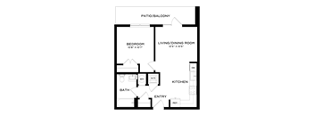 A floor plan of a small apartment with a patio and balcony.