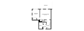 A floor plan of a small apartment with a bedroom, living/dining room, kitchen, bathroom, and entry.