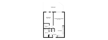 A floor plan of a small apartment with a bedroom, living/dining room, kitchen, bathroom, and entry.