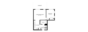 A floor plan of a small apartment with a living/dining room, kitchen, bath, and bedroom.
