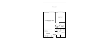 A black and white image of a floor plan for a small apartment.