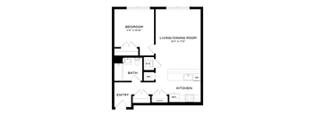 A floor plan of a small apartment with a bedroom, living/dining room, kitchen, bathroom, and entry.