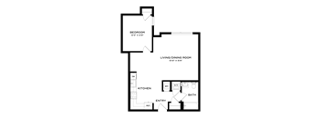 A floor plan of a small apartment with a bedroom, living/dining room, kitchen, and bathroom.