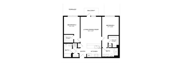 A floor plan of a house with two bedrooms, a living room, a kitchen, an entry, two bathrooms, a terrace, and a balcony.