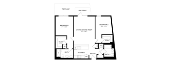A black and white image of a house plan with two bedrooms, a living room, a kitchen, a bathroom, a terrace, and a balcony.