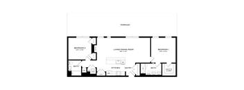 A black and white floor plan of a house with two bedrooms, a living room, a kitchen, two bathrooms, an entry, and a walk-in closet.