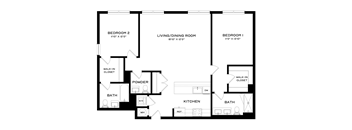 A black and white image of a floor plan for a home with three bedrooms, a living/dining room, a kitchen, a powder room, and two bathrooms.