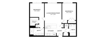 A black and white image of a floor plan for a home with two bedrooms, a living/dining room, a kitchen, an entry, two bathrooms, and a walk-in closet.