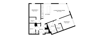 A floor plan of a home with three bedrooms, a living/dining room, a kitchen, an entry, a bath, and a laundry area.