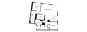 A black and white image of a floor plan for a two bedroom apartment.