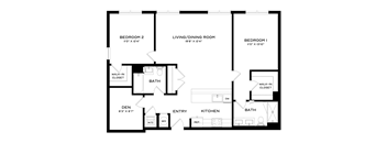 A black and white image of a floor plan for a home with three bedrooms, a living/dining room, a kitchen, a bath, a den, and two walk-in closets.
