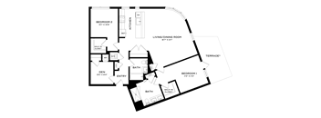 A black and white image of a floor plan for a home with two bedrooms, a living/dining room, a kitchen, a bathroom, and a den.