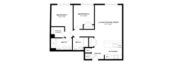 A black and white image of a floor plan for a home with two bedrooms, two bathrooms, a living/dining room, a kitchen, and a walk-in closet.
