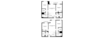A floor plan of a two bedroom apartment with a living room and a kitchen.