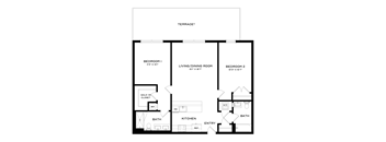 A black and white image of a floor plan for a two bedroom apartment.