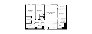A black and white image of a floor plan for a home with three bedrooms, two bathrooms, a living room, dining room, kitchen, and an entry.
