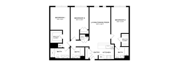 A black and white image of a floor plan for a home with three bedrooms, a living/dining room, a kitchen, and three bathrooms.