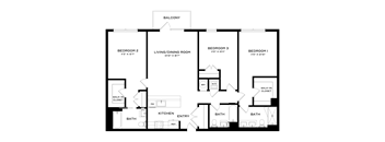 A black and white image of a floor plan for a home with four bedrooms and a living/dining room.