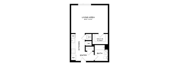 A drawing of a floor plan for a home with a living area, kitchen, bath, and walk-in closet.