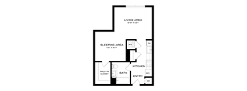 A black and white image of a floor plan for a home with a living area, sleeping area, kitchen, bathroom, and entry.