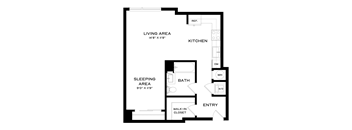 A floor plan of a small apartment with a living area, kitchen, sleeping area, bath, and entry.