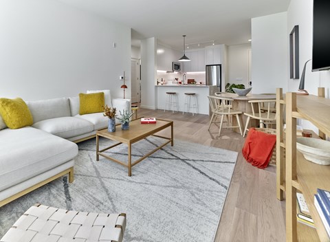 A modern living room with a white sofa and a grey rug.