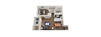 A top-down view of a living room with a couch, a dining table, and a kitchen area.