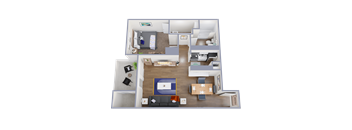 A 3D floor plan of a small apartment with a living room, kitchen, and bedroom.