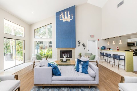 A living room with a grey couch and a blue pillow.