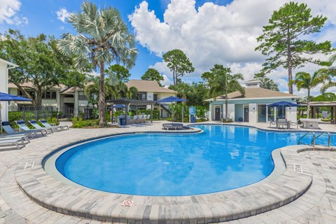 A large outdoor swimming pool surrounded by trees and lounge chairs.