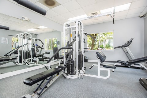 A gym with a variety of equipment including a leg press machine.
