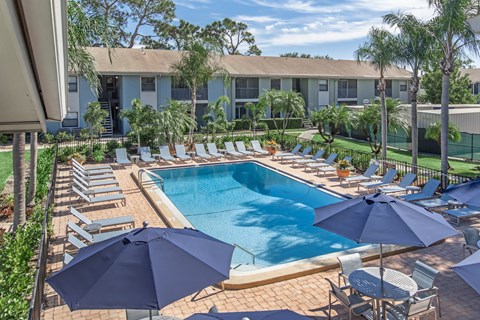 A pool surrounded by chairs and umbrellas with apartment buildings in the background.