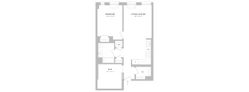 A floor plan of a small apartment with a bedroom, living room, dining room, den, and a kitchen.