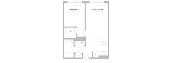 A floor plan of a small apartment with a bedroom, living/dining area, and a kitchen.