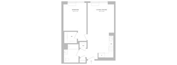 A floor plan of a living space with a bedroom, living/dining area, and a WC.