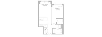 A floor plan of a living/dining area and Bedroom 1.