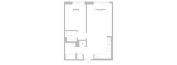 A floor plan of a small apartment with a bedroom, living/dining area, and a kitchen.