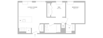 A floor plan of a house with a living room, dining room, den, and two bedrooms.