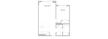 A floor plan of a living and dining area with a bedroom.