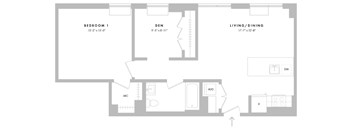 A floor plan of a house with a living room, dining room, two bedrooms, a den, a home office, and a laundry room.